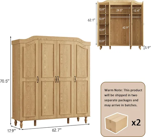 Miniatura 2 de Armario Ropero Arqueado con 4 Puertas, Gabinete Ropero de Madera de Gran Capacidad de 71" de Alto con 2 Barras para Colgar y 8 Estantes, Gabinete