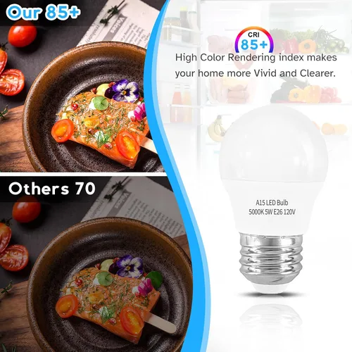 Miniatura 8 de Paquete de 2 bombillas LED para refrigerador, luz blanca diurna, 5000 K, 120 V, 40 W, equivalente a la bombilla para electrodomésticos, A15 5 W