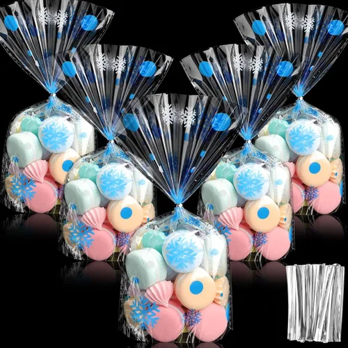 Miniatura 12 de Outus 100 piezas de bolsas de regalo de Navidad, bolsas de celofán con copos de nieve y Santa Claus, recipientes planos de plástico de celofán