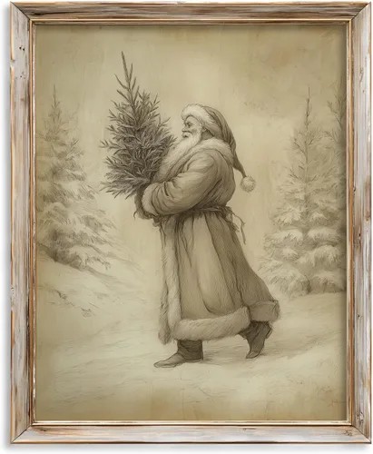 Papá Noel vintage con impresión de árbol de Navidad, arte de pared antiguo de vacaciones de invierno, decoración navideña rústica para el hogar de