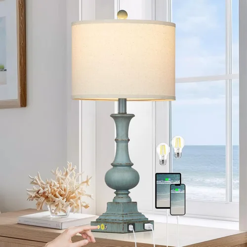 Miniatura 11 de 26" Farmhouse Table Lamp, Vintage Rustic Touch Control Bedside Lamp with 2 USB Ports & AC Outlet, Boho Resin 3-Way Dimmable Nightstand Lamp Linen