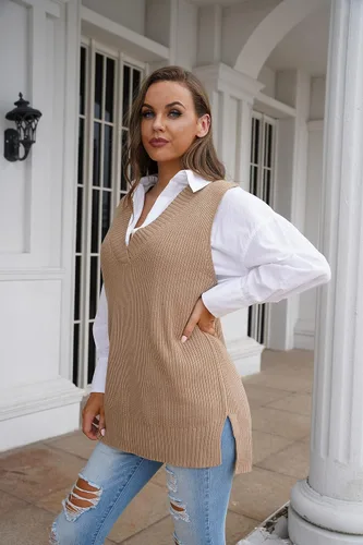 Miniatura 3 de Viottiset - Chaleco de punto de gran tamaño con cuello en V, suéter tipo túnica, para mujer