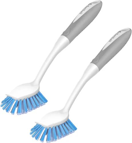 SetSail Cepillo de platos con asa, paquete de 2 cepillos de cerdas rígidas con raspador integrado para limpiar platos, ollas y sartenes, fregadero
