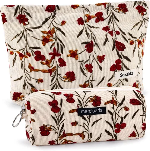 Juego de 2 bolsas de maquillaje de flores con diseño floral para viajes para mujeres y niñas, bolsa de maquillaje grande con cremallera pequeña para