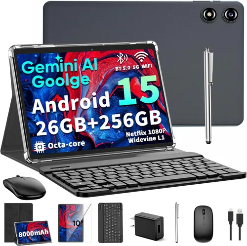 Tableta Android 15 de 10 pulgadas 2026 con teclado, 26 GB+256 GB, expansión de 2 TB, Tablet PC Gemini AI con Octa-Core, 8000mAh, WiFi 5G, GPS, GMS,