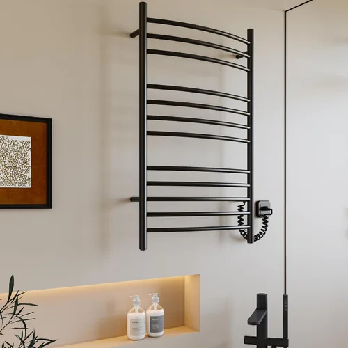 Miniatura 7 de HEATGENE - Calentador de toallas de montaje en pared, enchufe/cableado eléctrico, estante de toallas calentado, 4 soportes, negro mate