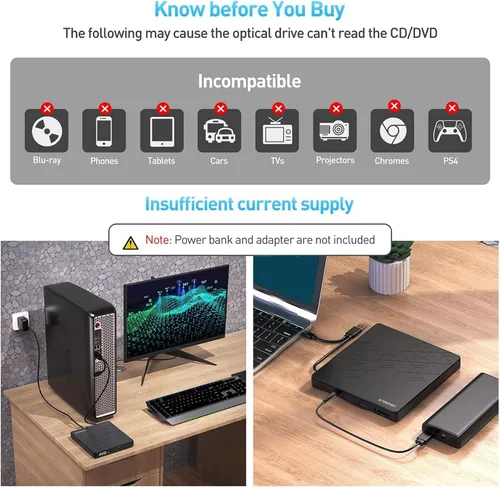 Miniatura 7 de ORIGBELIE Unidad externa de CD y DVD, grabadora de CD USB 3.0 con 2 puertos USB y 2 ranuras para tarjetas TF/SD, unidad de disco óptico