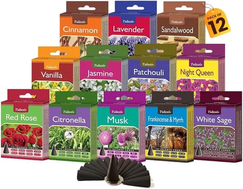 Miniatura 21 de Tulasi Nag Champa - Varitas de incienso surtidas/paquete variado – 180 varillas enrolladas a mano, 12 aromas naturales Sándalo, lavanda, vainilla
