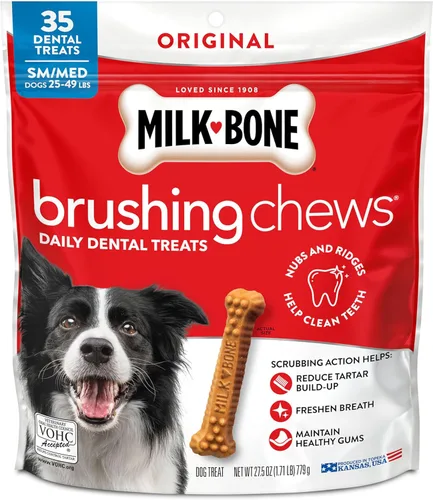 Milk-Bone Original Masticables para Cepillar, 35 Golosinas Dentales Diarias para Perros de Tamaño Pequeño/Mediano, Acción de Frotamiento Ayuda a