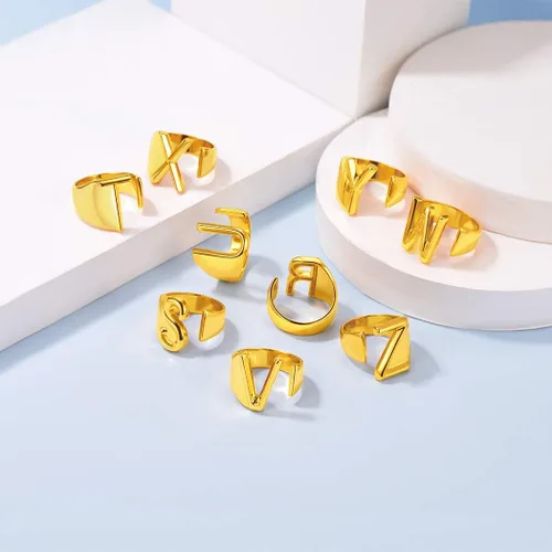 Miniatura 4 de Suplight - Anillo abierto ajustable con diseño de letra del alfabeto A-Z, chapado en oro de 18 quilates, libre de níquel, monograma de moda, inicial