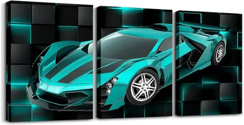 Miniatura 16 de Feelyou Cuadro azul de carreras para pared, 12 x 16 pulgadas, 3 piezas de autos deportivos de velocidad, lienzo para decoración de pared, diseño