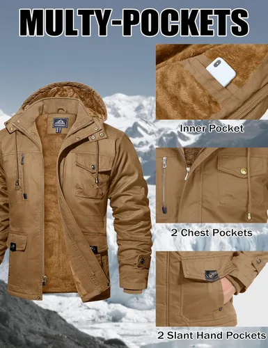 Miniatura 5 de MAGCOMSEN Chaqueta de invierno para hombre, con forro polar de algodón, chaquetas cálidas para trabajo, abrigos militares con 6 bolsillos