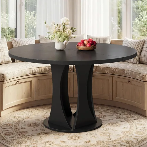 Miniatura 9 de iPormis Mesa de comedor extensible de 43 a 59 pulgadas, mesa de cocina redonda con pedestal de arcos modernos, mesa de comedor ovalada con hojas