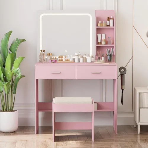 Miniatura 2 de Tocador de maquillaje con espejo iluminado y toma de corriente – 2 estantes, 2 cajones, almacenamiento inferior – Viene con taburete tapizado (rosa)