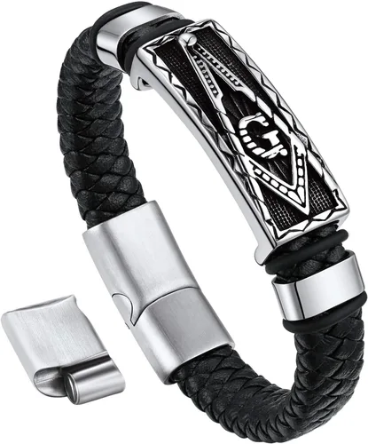 Bandmax Pulsera trenzada de cuero negro para hombre con colgante gótico punk, pulsera de cuero con hebilla de acero inoxidable, paquete de regalo,