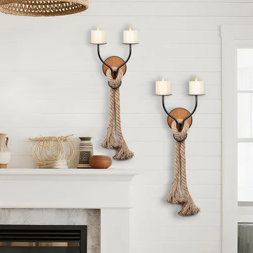 Portavelas de Pared Soporte de Velas de Montaje en Pared de Metal y Madera Portavelas Colgantes de Hierro para Pared Soporte de Velas y Decoración