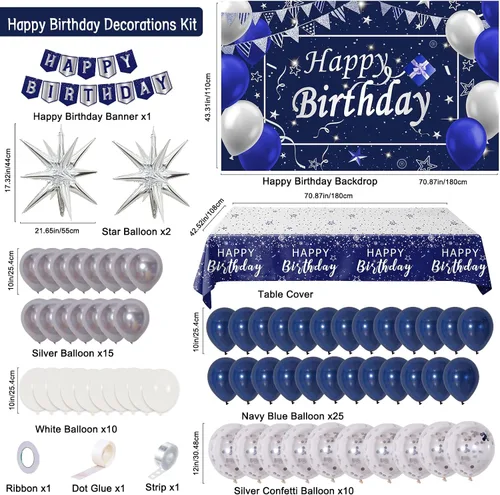 Miniatura 4 de Decoraciones de cumpleaños azul marino para hombres, niños, mujeres y niñas, 80 piezas de decoraciones de fiesta azules y plateadas, telón de fondo
