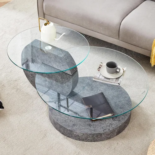 Miniatura 16 de Mesa de café de 35" de vidrio ｜ Mesa de café redonda ｜ Diseño de 3 niveles con superficie de vidrio templado ｜ Base de madera en color negro