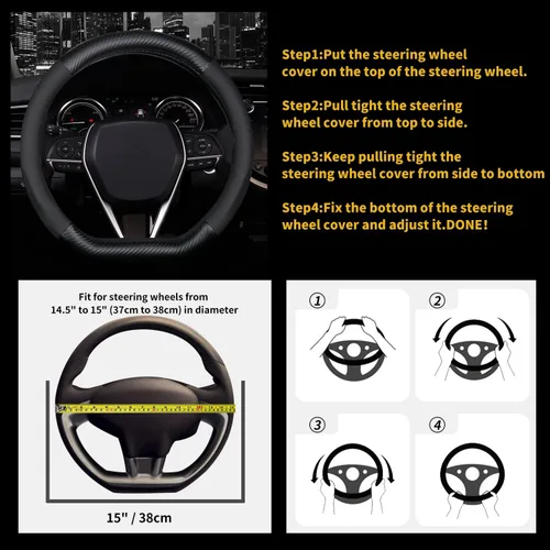 Miniatura 5 de Funda para volante en forma de D, protector de cuero de alta calidad para volante de automóvil, diseño deportivo de fibra de carbono, antideslizante