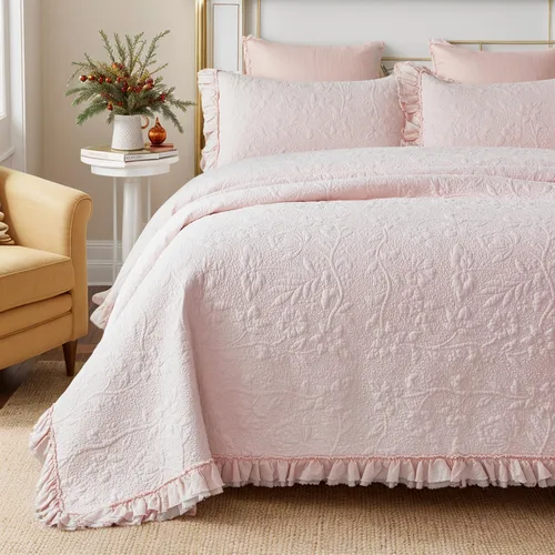Miniatura 16 de Brandream Queen Size Quilt Set Cotton Beige Quilts Luxury Farmhouse Bedding Set Matelasse Coverlet Scalloped Quilt Set 3-Piece