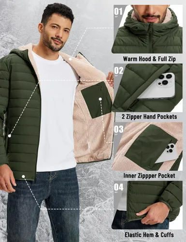 Miniatura 6 de TACVASEN - Chaqueta acolchada con capucha para hombre. Forro de sherpa, resistente al agua, cortaviento, aislada. Chaqueta abrigada para invierno