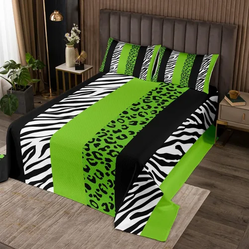 Miniatura 18 de Juego de colcha con lazo para niños, tamaño individual, diseño de cebra y leopardo con purpurina, decoración de habitación para niñas y mujeres