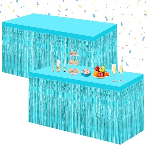 Miniatura 12 de Morcheiong Paquete de 2 faldas de mesa de oropel de papel de aluminio rosa de 29.5 x 108 pulgadas, para mesas rectangulares, cortina de fondo