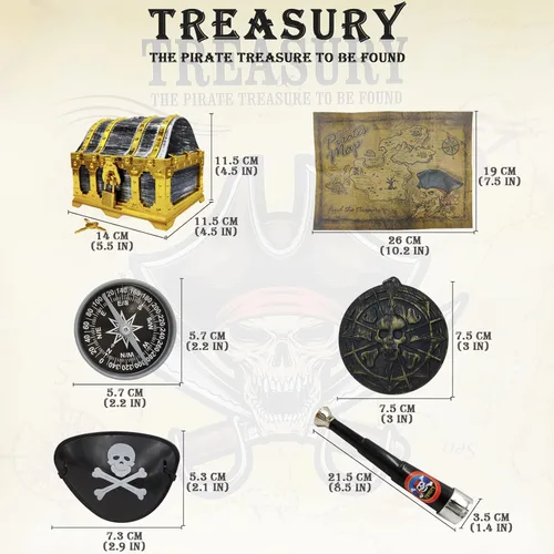 Miniatura 5 de Juego de 128 piezas de cofre del tesoro pirata con marco dorado para niños, juguetes de simulación pirata vintage, incluye monedas, joyas, dinero