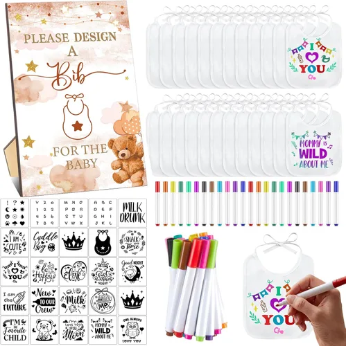 Miniatura 11 de Panitay Kit de decoración de 100 baberos para bebé, 50 baberos blancos, 25 plantillas, 24 marcadores de tela, 1 letrero de juego para baby shower