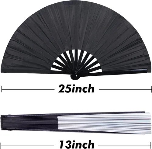 Miniatura 2 de Gionforsy 1pcs Rave Hand Fan Bamboo Holding Hand Fan Ventilador grande plegable con tela de color brillante ventilador plegable para festival (negro)
