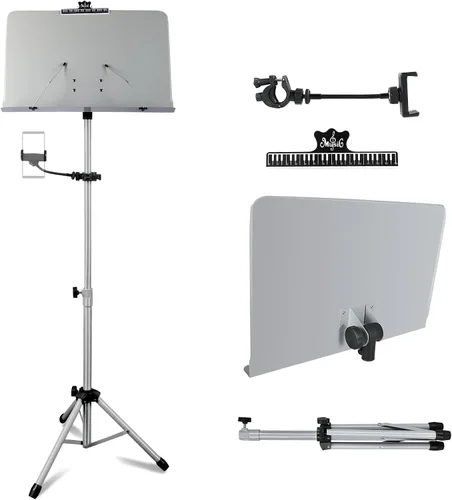 EASTROCK Soporte de partituras de metal, soporte de música ajustable con soporte para teléfono móvil, soporte profesional para libros de música y