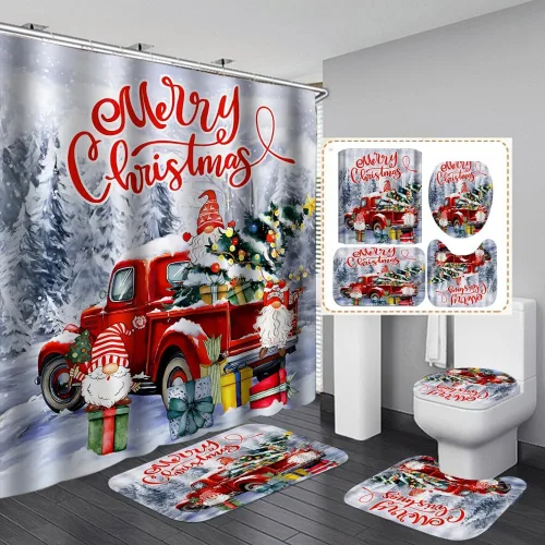 Miniatura 20 de Juego de 4 cortinas de ducha con alfombra antideslizante, cubierta para tapa de inodoro y tapete de baño, cortina de ducha de Papá Noel con 12