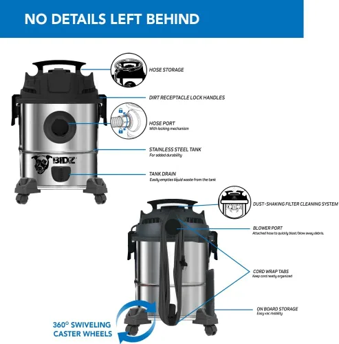 Miniatura 6 de BIDZ Potente motor de 5 galones de potencia de succión de elevación de agua de 63.5 pulgadas, sistema de vacío semicomercial de acero inoxidable