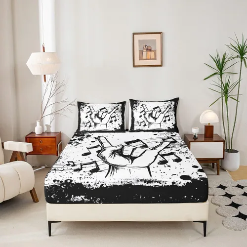 Miniatura 3 de Erosebridal Juego de sábanas de tamaño individual con temática musical, con estampado de notas musicales, juego de cama ajustable en blanco y negro