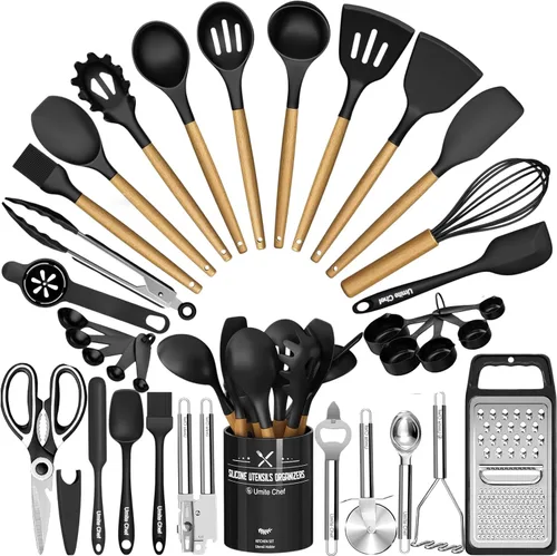 Miniatura 9 de Umite Chef Juego de Utensilios de Cocina de Silicona, 34 Piezas Gadgets y Herramientas de Cocina Resistentes al Calor con Rallador, Mangos de Madera