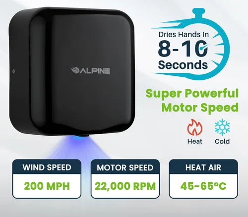 Miniatura 2 de Alpine - Secador de manos automático comercial - Secador de manos de aire de alta velocidad para el hogar, restaurante, baño y zonas de alto Negro