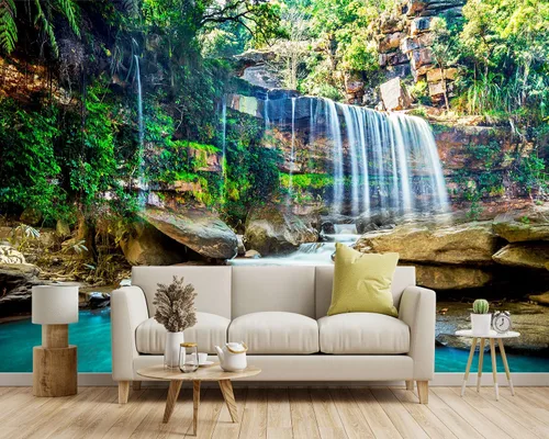 Miniatura 2 de Papel tapiz de tela con paisaje de cascada de lago verde, sala de estar, bosque, montaña, dormitorio, baño, mural de pared - 91 x 65 pulgadas