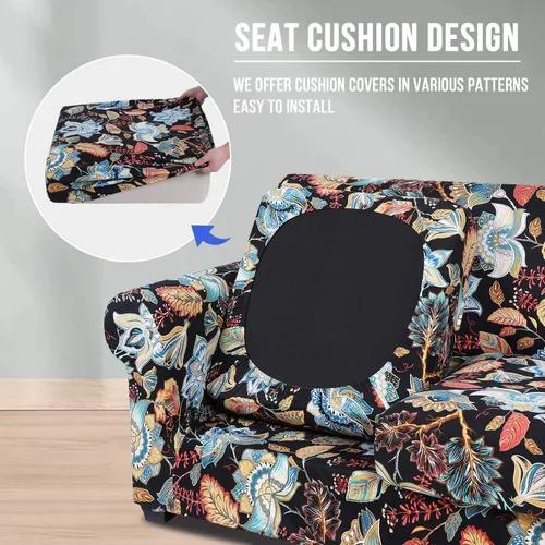 Miniatura 2 de hyha Funda para sofá, diseño floral, elástica, estampada, 4 piezas, fundas para sofá de 3 cojines separados, protector de muebles lavable para Negro