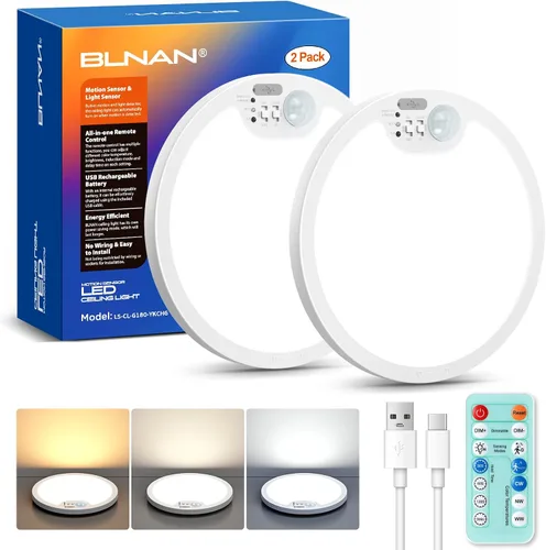 Miniatura 10 de BLNAN Lámpara de techo recargable con sensor de movimiento con control remoto, luz de armario regulable, luces de ducha LED, luz de techo