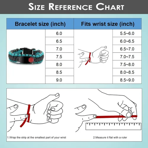 Miniatura 11 de Pulsera de alerta médica Paracord para hombres y mujeres Pulsera de identificación médica de acero inoxidable con hebillas de liberación lateral