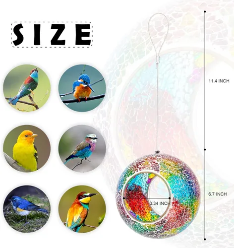 Miniatura 5 de VCUTEKA Comedero para Pájaros de Mosaico Fly Through para Exterior Colgante con Recipiente de Vidrio de Forma Redonda para Atraer Más Aves Rojo