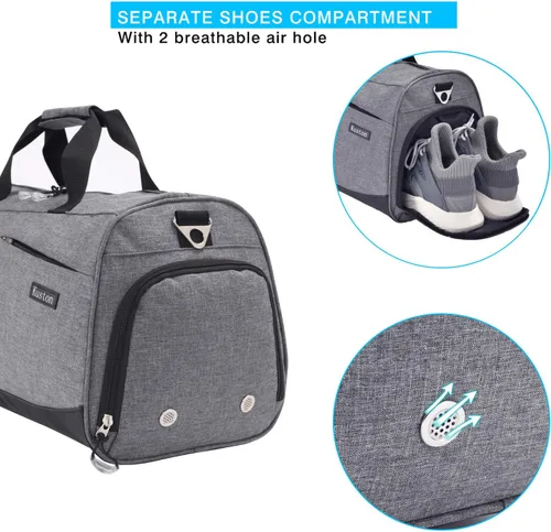 Miniatura 5 de Kuston Bolsa de gimnasio deportiva con compartimento para zapatos y bolsillo húmedo, bolsa de lona para gimnasio para hombres y mujeres, Gris