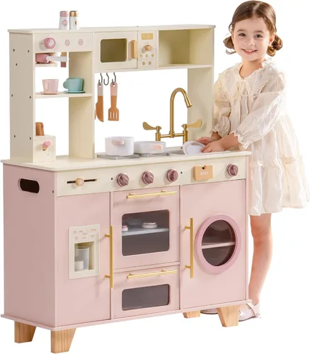 ROBOTIME Cocina de juego para niños, cocina moderna de juguete de madera con máquina de hielo, cafetera, horno, microondas, tostadora, estufa, Rosa