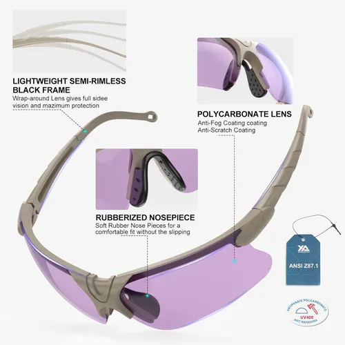 Miniatura 4 de Xaegistac Gafas de disparo con estuche Gafas de seguridad antivaho para cazadores para adultos Marco caqui lente púrpura