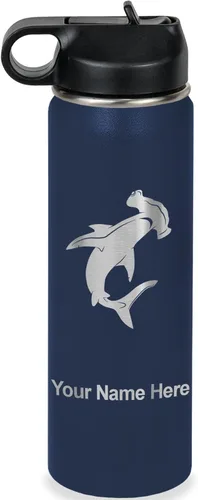 Miniatura 49 de LaserGram Botella de agua personalizada, tiburón martillo, acero inoxidable de doble pared aislada al vacío con popote superior, regalo grabado