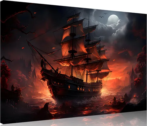 Miniatura 15 de TutuBeer 3 Piezas Arte de Pared Batalla Naval Barco Imagen Barco Pirata Velero Póster Barco Pirata Azul en Llamas Imagen Impresa en Lienzo Póster