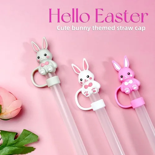 Miniatura 3 de 3 tapas de silicona para popote de Pascua para vaso Stanley Cup de 30 oz/40 onzas, accesorios reutilizables para popotes para beber, lindo conejo 3