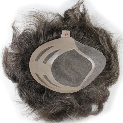 Miniatura 8 de Toupee para hombre 10 × 8 "cabello humano 5# mezcla de colores 10% gris sintético hairpiece piel fina sistema de reemplazo de pelo base de red