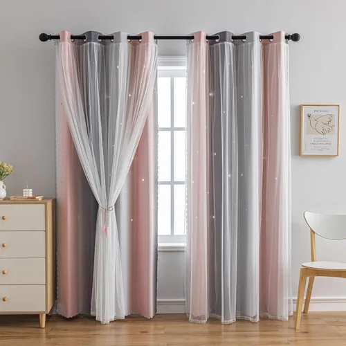 Miniatura 9 de Cortinas opacas con recortes de estrellas para dormitorio de niñas y niños, cortina de doble capa con aislamiento térmico y superposición
