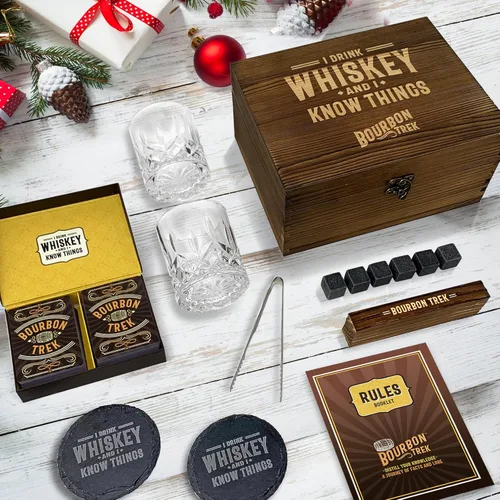Miniatura 7 de Juego en caja de regalos de whisky para hombres, incluye populares trivias de whisky, 2 vasos de bourbon, 6 piedras, 2 posavasos de pizarra, 1